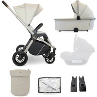 Ivory beige My Babiie MB450 pushchair with black wheels, carrycot, quilted footmuff, rain cover, and adapters.