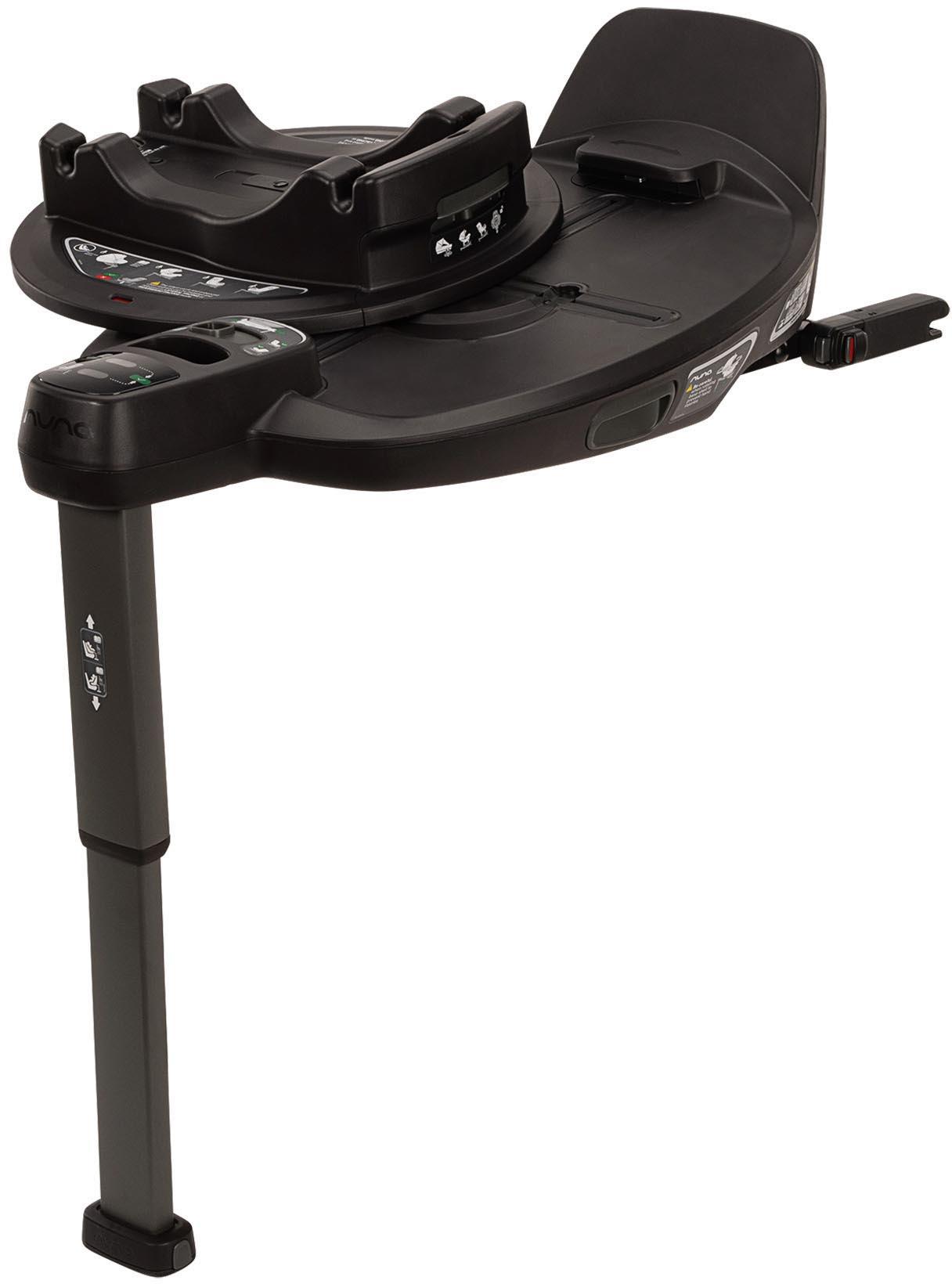 Black Nuna BASE curv car seat base with adjustable support leg and secure latch system.