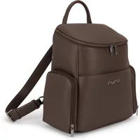 Cocoa brown Nuna Essential Changing Bag with top handle, backpack straps, and multiple zippered compartments.