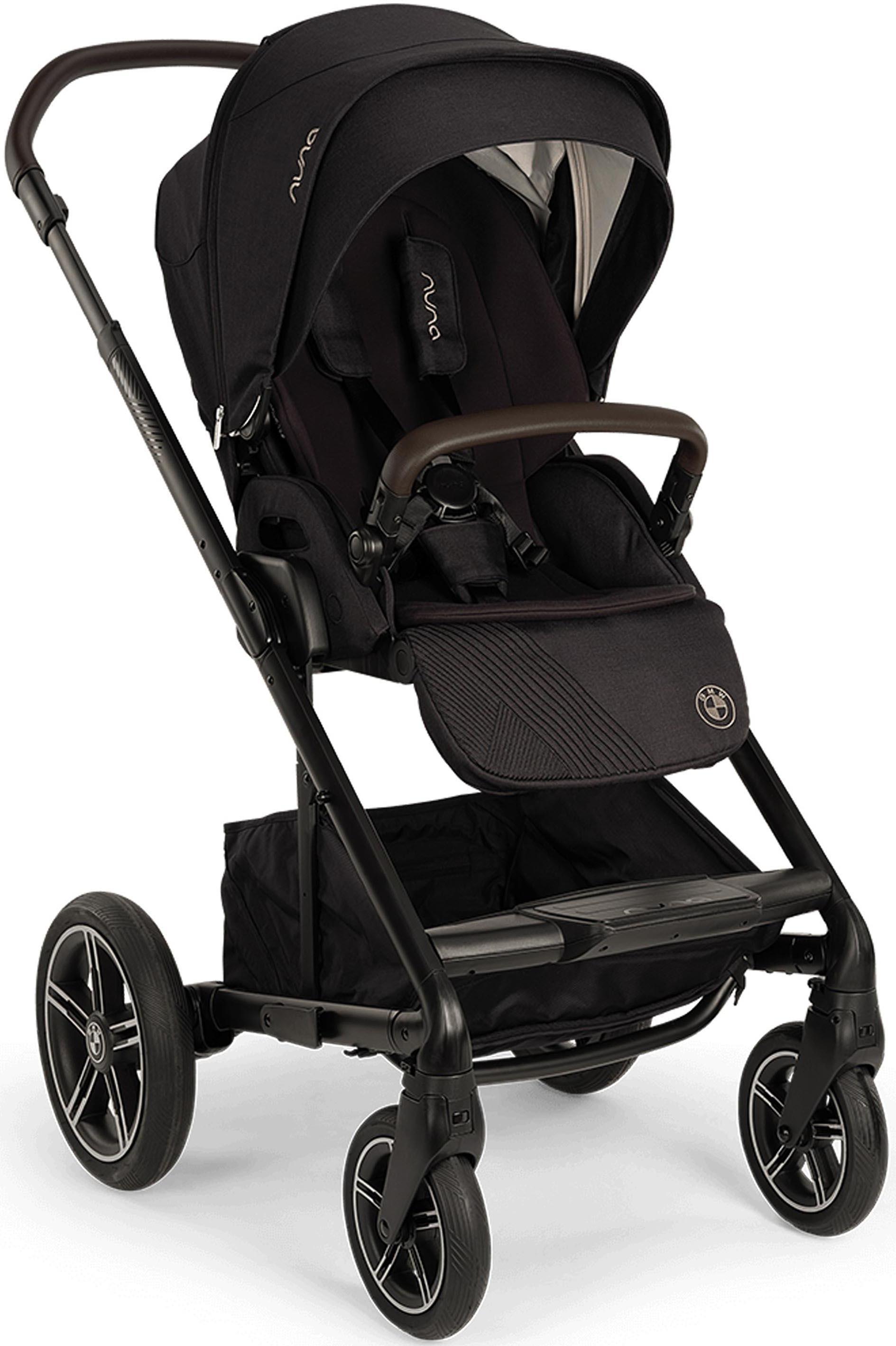 Black Nuna x BMW MIXX NEXT stroller with leatherette handle, large wheels, and adjustable canopy.