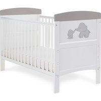 White cot bed with grey ends, featuring elephant design on the headboard, by OBaby.