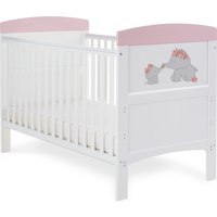 White Obaby Grace cot bed with pink accents and playful elephant design on the end panel.