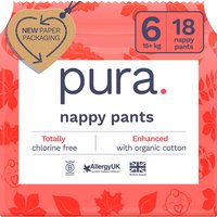 Pura Nappy Pants pack, size 6, 15+kg, red packaging with leaf design, 18 pants, chlorine-free, organic cotton.