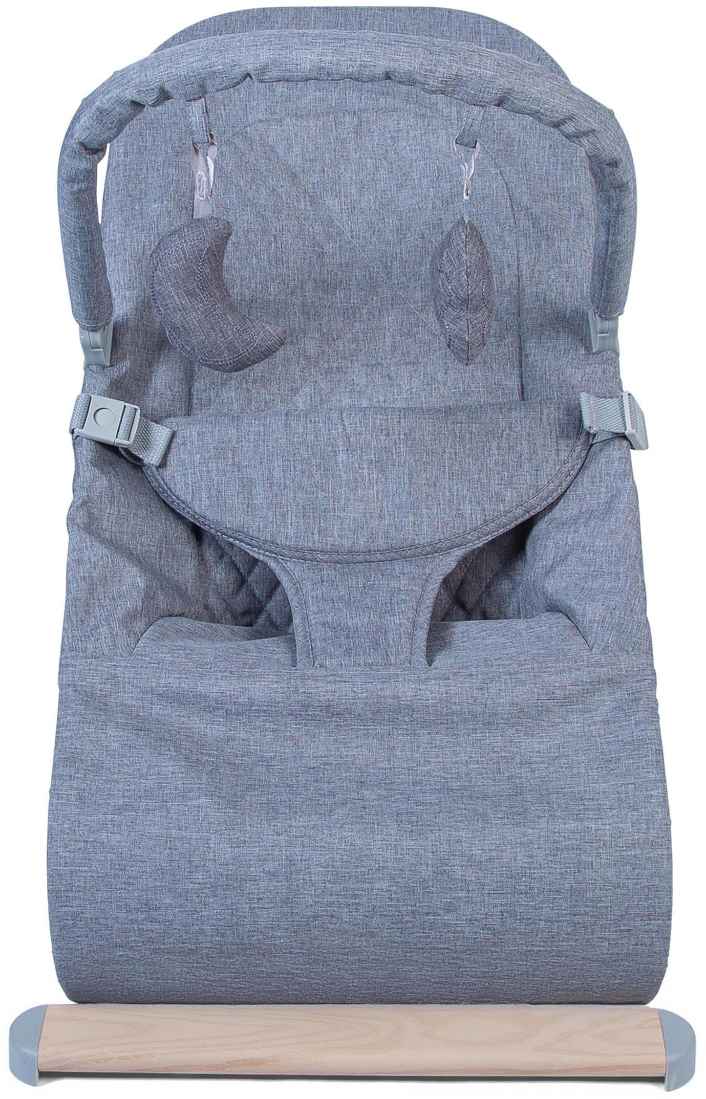 Dove grey baby bouncer with padded seat, wooden base, and hanging moon and leaf toys.