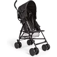 Black lightweight stroller with curved handle, canopy, and mesh basket underneath.