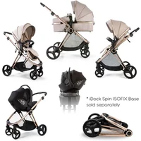 Red Kite Push Me Pace i 3in1 Neo Travel System in Latte, featuring a beige stroller, car seat, and carrycot with black accents.