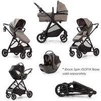 Grey 3-in-1 travel system with stroller, carrycot, and car seat, featuring black frame and adjustable canopy.