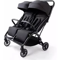 Black Redkite Push Me Duet Twin Pushchair with dual canopies, padded seats, and swivel front wheels.