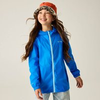 Blue Regatta waterproof shell jacket, packable, with hood and zip closure, worn by a child, size 2 years.