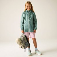 Teal Regatta waterproof packable shell jacket for kids, size 3-4, with hood and front zipper.