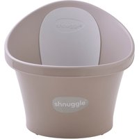 Taupe Shnuggle baby bath with white backrest and smooth, rounded edges.