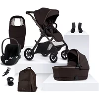Silver Cross brown travel system with stroller, car seat, carrycot, footmuff, adapters, backpack, and cup holder.