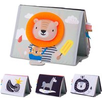 Taf Toys Savannah Tummy Time Book with colorful animal illustrations, 3D lion face, and textured elements.