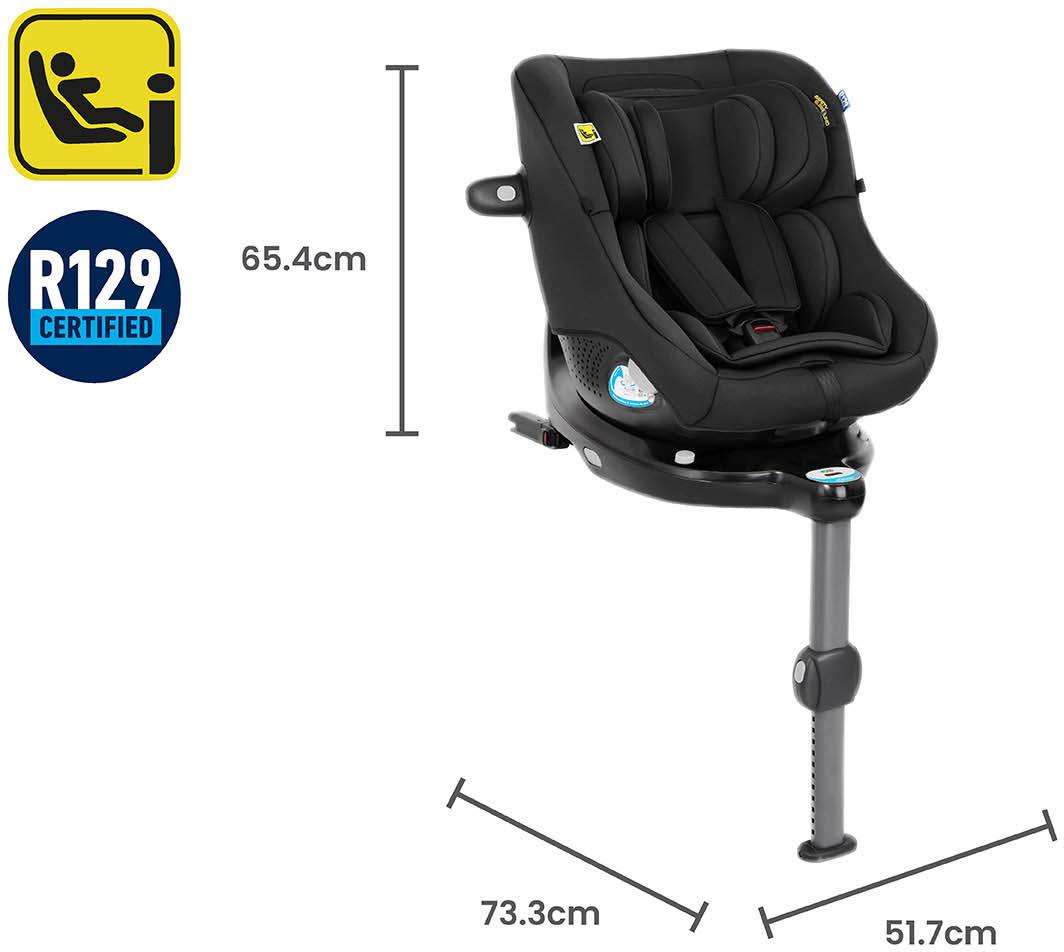 Black Graco 360° rotating Isofix car seat with padded headrest, adjustable base, and R129 certification label.