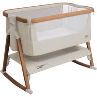 Scandinavian walnut and ecru beige bedside crib with mesh sides and storage shelf, by Tutti Bambini.