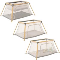 Oak and charcoal grey 3-in-1 bassinet, travel cot, and playpen with mesh sides and foldable frame.