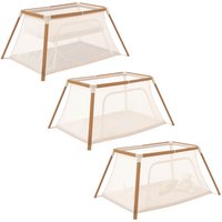 Tutti Bambini 3-in-1 bassinet, travel cot, playpen in walnut and beige, with mesh sides and wooden frame.