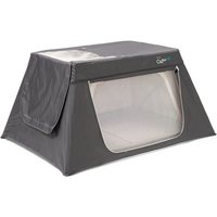 Grey Tutti Bambini CoZee Go Day & Night Shade with mesh sides and zippered flap, rectangular portable crib.