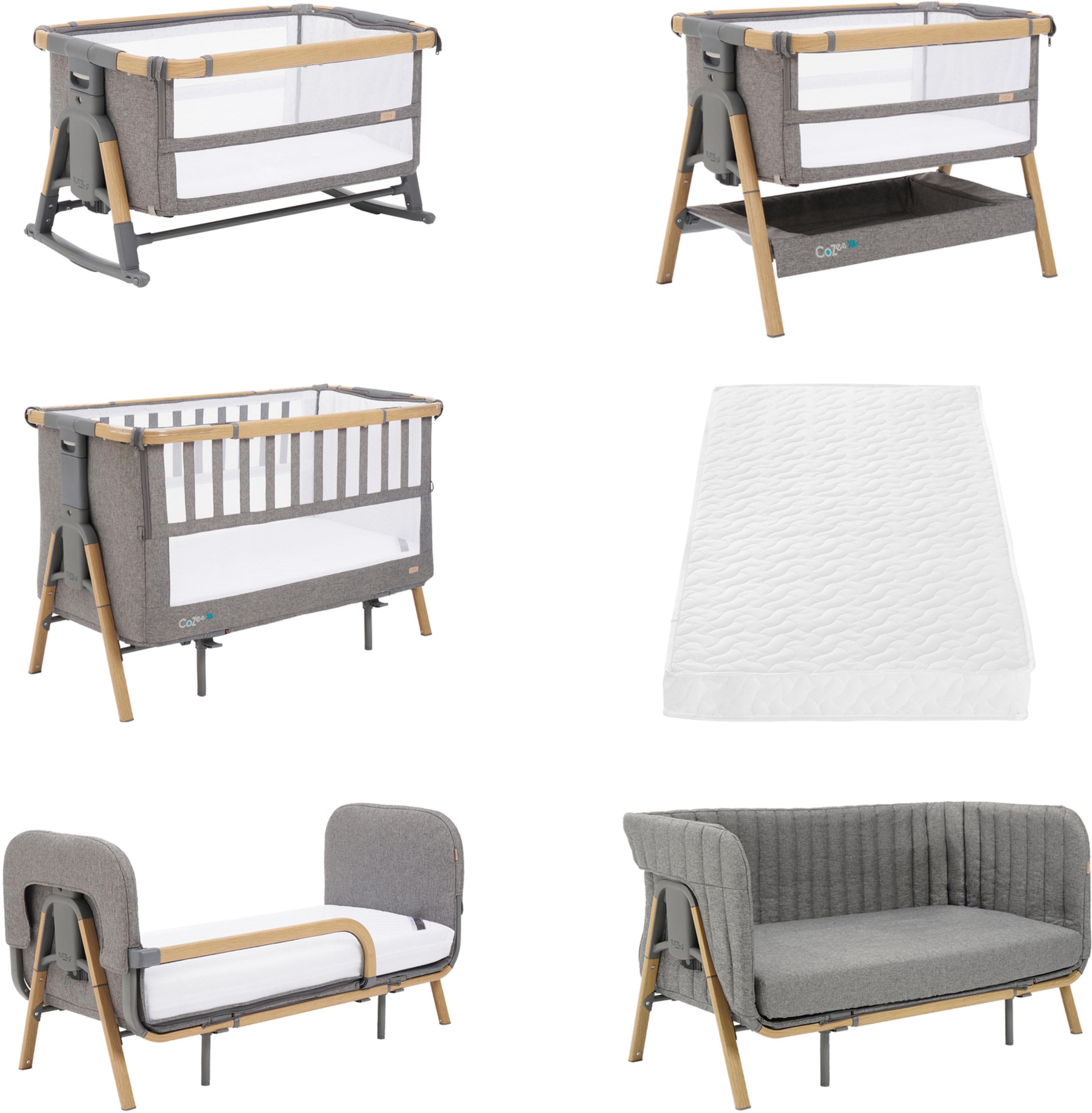 Oak and charcoal CoZee XL crib with mesh sides, wooden legs, convertible to toddler bed and sofa, includes mattress.