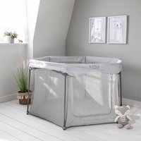 Hexagonal grey playpen with mesh sides and sturdy frame, set in a light room with soft toys nearby.