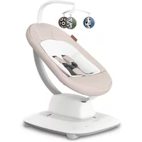 Uppababy Mamaroo Smart Swing in beige with white base, toy mobile, and sleek modern design.