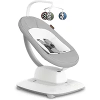 Gray Uppababy Mamaroo Smart Swing with white seat, mobile with three plush toys, and sleek curved base.
