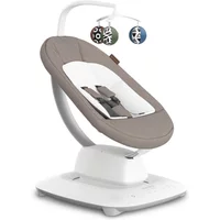 Uppababy Mamaroo Smart Swing in gray with white base, adjustable seat, and overhead mobile with three colorful toys.