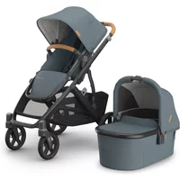 UPPAbaby Vista V3 2in1 Pram System in Dillan, dark teal fabric, black frame, brown handle, includes stroller and bassinet.