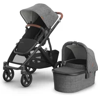 Grey UPPAbaby Vista V3 2in1 pram system with leather handle, black frame, four wheels, and detachable bassinet.