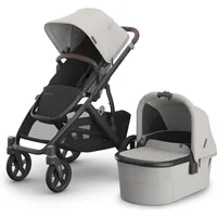 Beige UPPAbaby Vista V3 2in1 pram system with black frame, brown handle, and detachable bassinet.