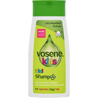 Green and white Vasene Kids 3-in-1 Shampoo bottle, 250ml, with colorful text and a droplet graphic on the front.
