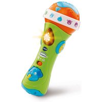 Green and orange VTech Baby Sing Along Microphone with animal buttons and light-up feature.