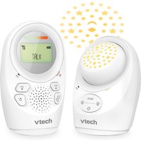 White VTech DM1212 digital audio baby monitor with speaker, LCD screen, and star pattern nightlight projector.