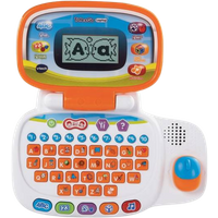 VTech My Laptop toy with orange frame, colorful keyboard, and small screen displaying letters A and a.