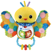 Yellow VTech Rattle & Shake Birdie toy with colorful wings, blue handle, and interactive buttons.