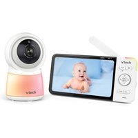 VTech RM5755HD baby monitor with 5" screen, camera unit, white and pink accents, and control buttons.
