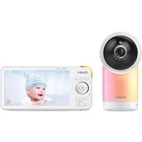 VTech RM5766HD baby monitor with 5" screen and rainbow-colored camera, featuring control buttons and speaker.