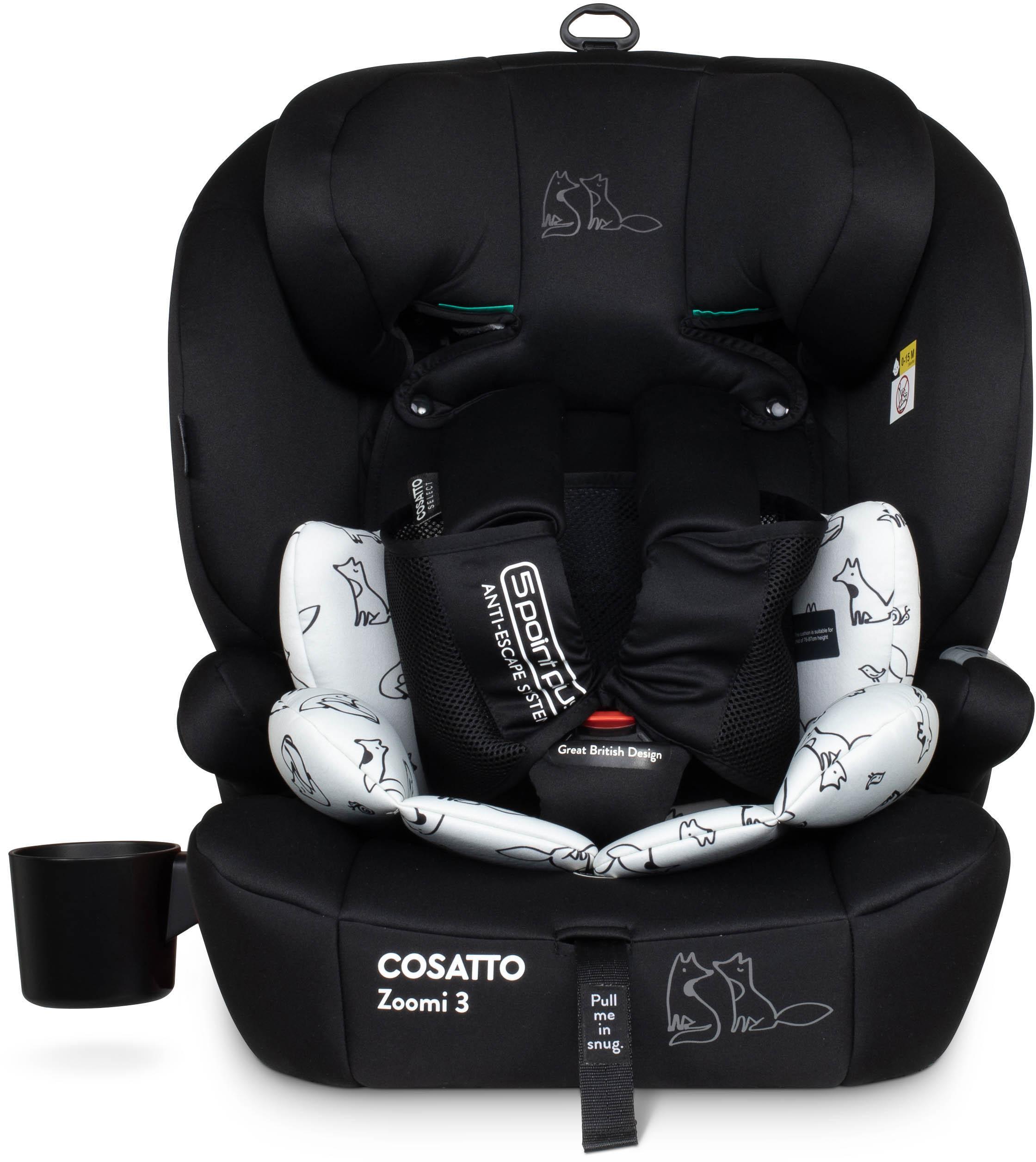 Black Cosatto Zoomi 3 i-Size car seat with white fox pattern, cup holder, and adjustable headrest.