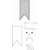 Gray fabric banner with pointed end, accompanied by motivational words and arrow graphics in black text.