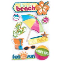 "Colorful beach-themed sticker set with umbrella, flip-flops, beach ball, and hibiscus flower, labeled 'Life's A Beach'"