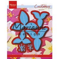 "Lily-shaped blue and red metal die cut set by Marianne Design, surrounded by pink and yellow paper flowers"