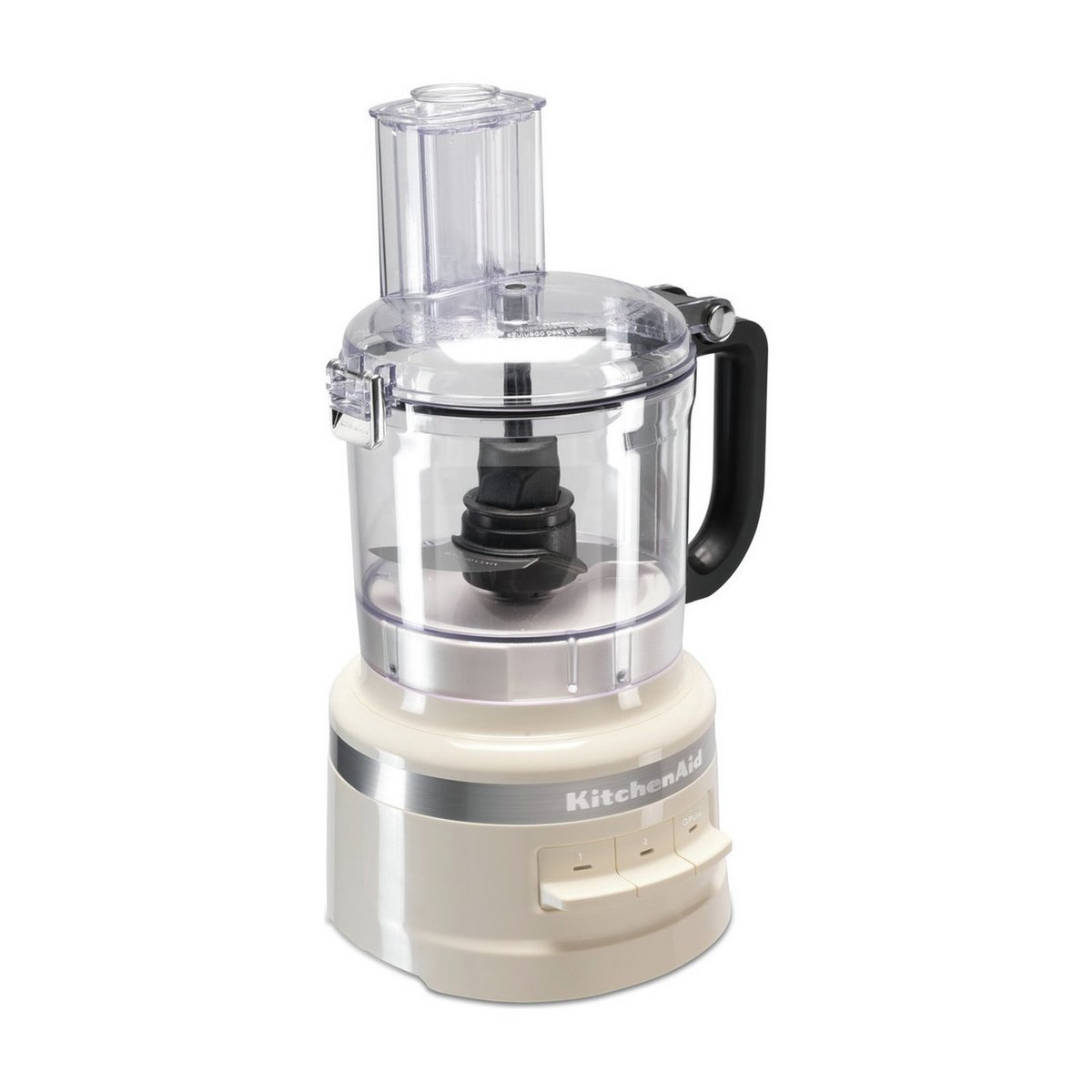 Compact KitchenAid food processor in almond cream color, featuring a clear plastic bowl, black blade, and a sleek base with control buttons and a handle.
