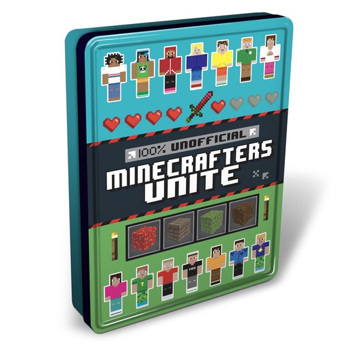 Colorful tin featuring pixelated Minecraft characters on the lid, with a black and green background, labeled "100% Unofficial Minecrafters Unite" and various Minecraft-themed icons.