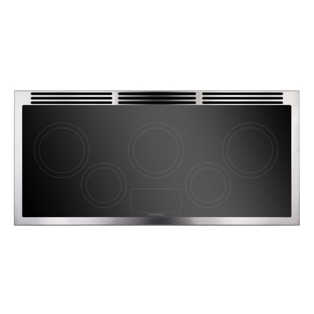 Stainless steel induction range cooker with brushed nickel trim, featuring a sleek black glass cooktop and five circular cooking zones.