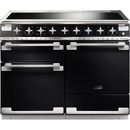 Gloss black induction range cooker with brushed nickel trim, featuring six control knobs, a sleek cooktop, and two spacious oven compartments with stainless steel handles.