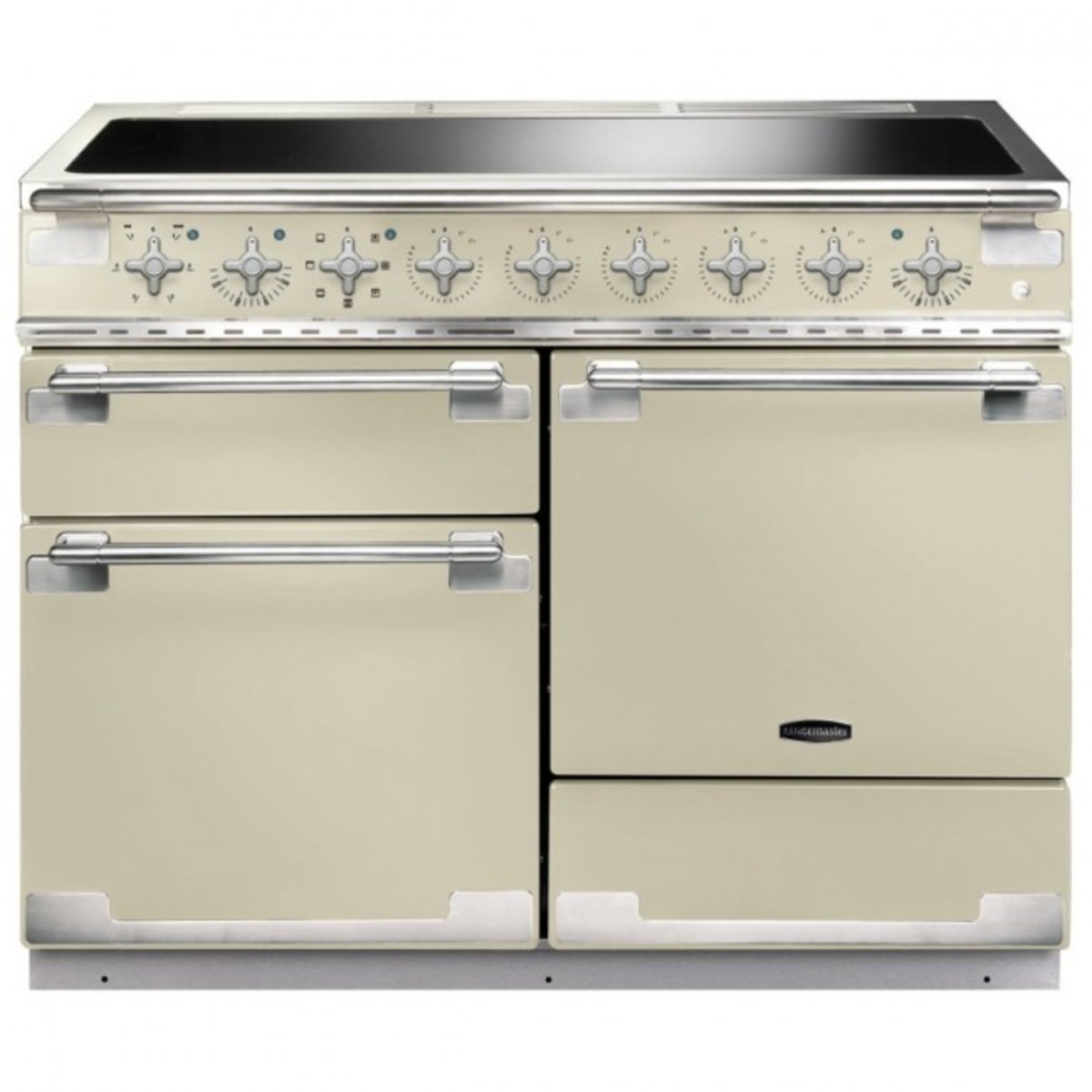 Cream-colored 110cm induction range cooker with brushed nickel trim, featuring four burners, control knobs, and two oven compartments.