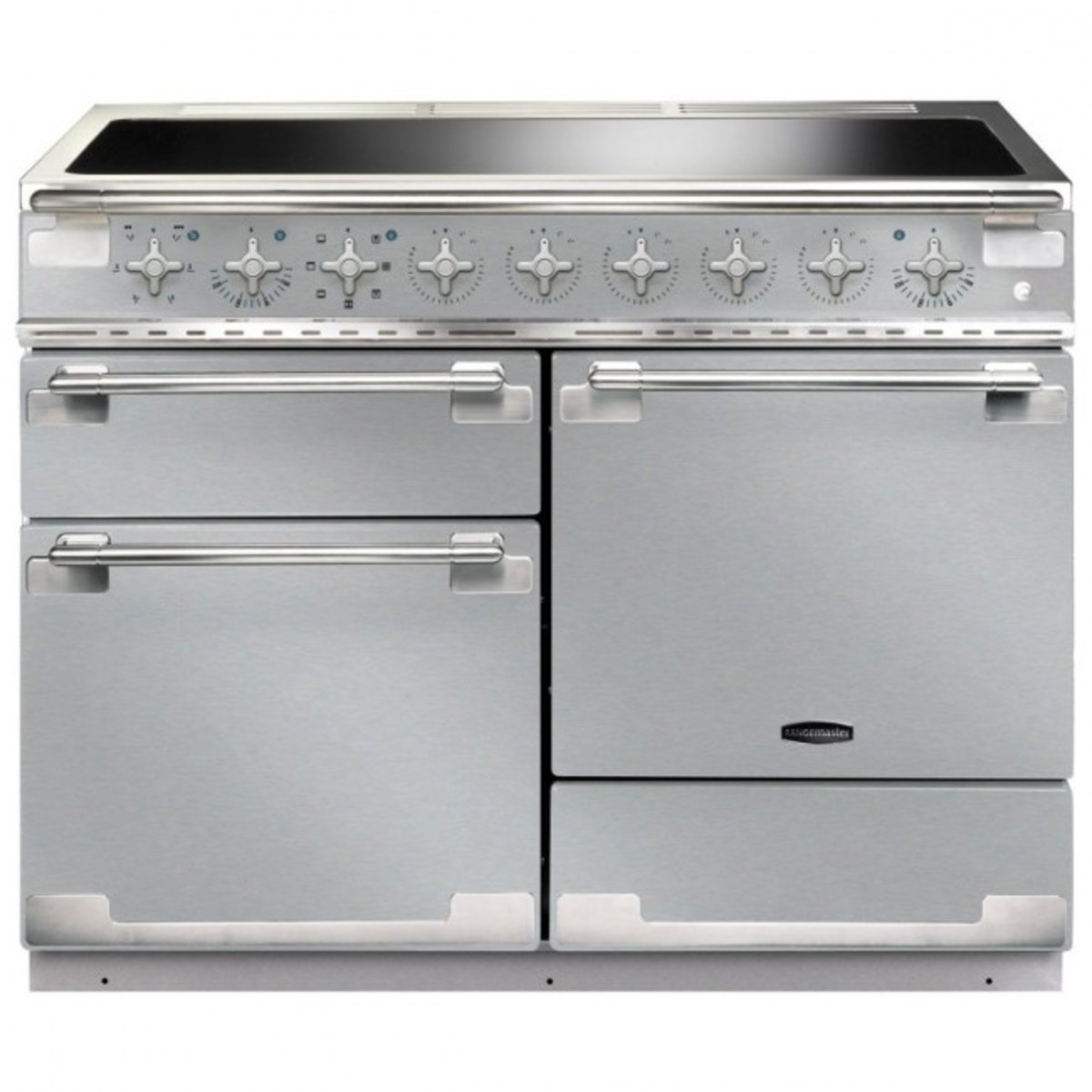 Stainless steel Rangemaster ELS110EISS Elise 110cm electric range cooker featuring an induction hob, six control knobs, and two spacious ovens with sleek handles.