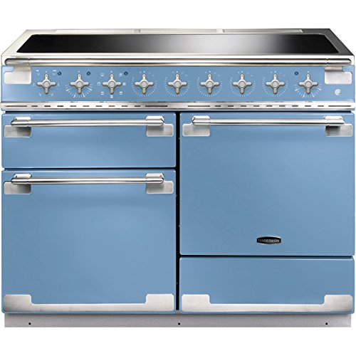Rangemaster 100350 LISE 110cm induction range cooker in China Blue with brushed nickel trim, featuring five control knobs and two oven compartments.
