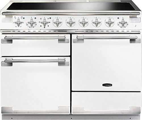 White 110cm induction range cooker with brushed nickel trim, featuring multiple control knobs, two ovens, and a sleek glass cooktop.