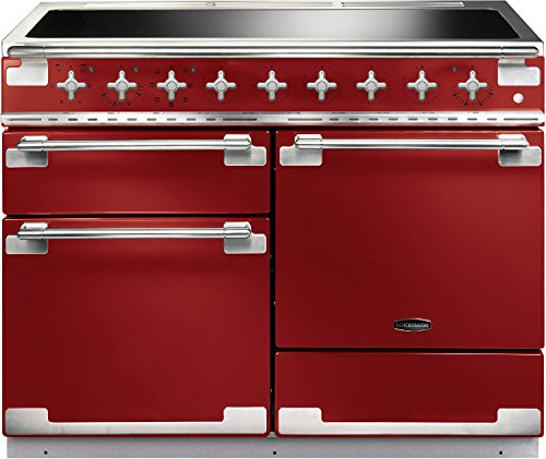 Cherry red induction range cooker with brushed nickel trim, featuring a sleek design, multiple knobs, and two spacious ovens.
